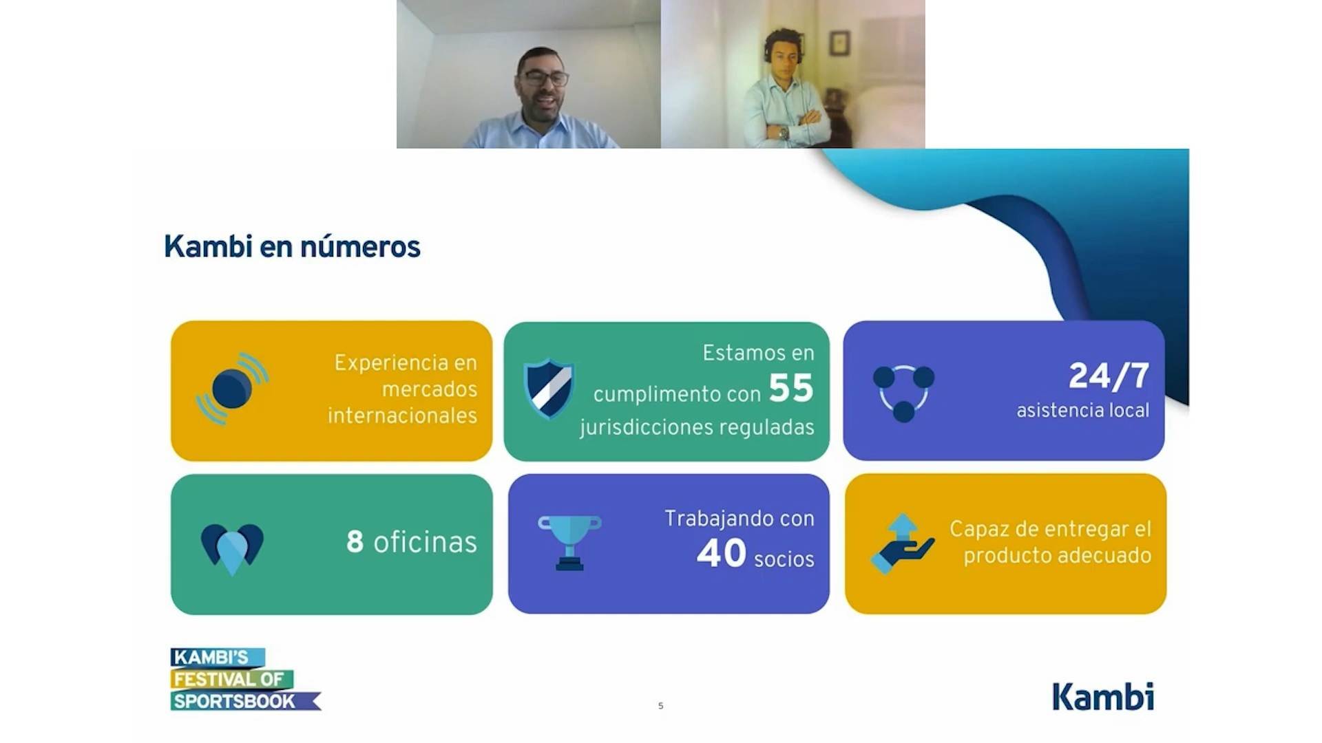 Screenshot of a presentation slide displaying the word %22Kambi en números%22 on the screen with small colourful box graphics with data in them.