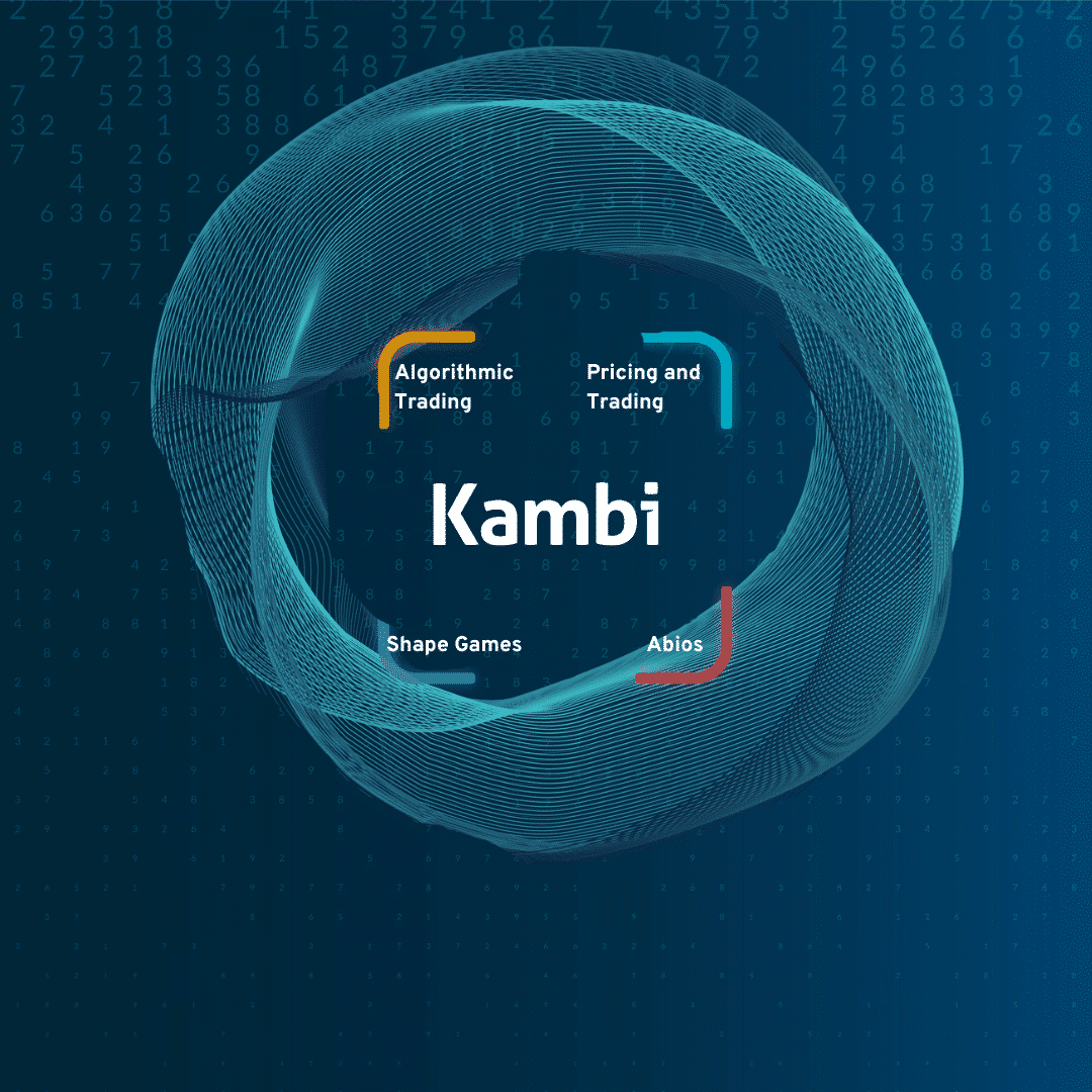 Digital graphic showing Kambi logo at the centre, surrounded by the terms Algorithmic Trading, Pricing and Trading, Shape Games, and Abios, with a swirling blue data-themed design and numeric background